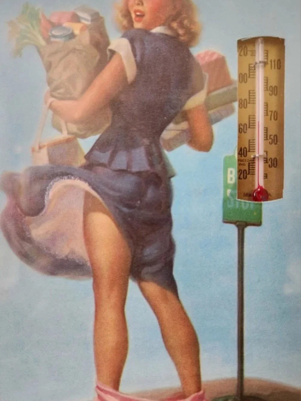 VTG 1955 Pin-Up Girl Calendar Thermometer Valley Cafe Campbell Ohio Peek-A-Boo